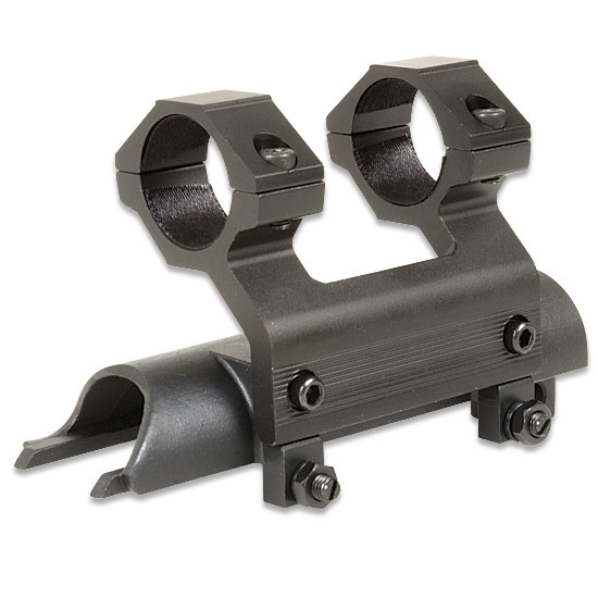 Black metal scope mount with two rings and a base
