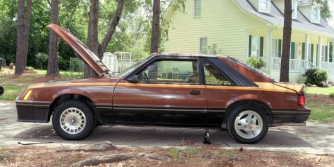 1980 Ford Mustang - Side view of a brown 1980 Ford Mustang Cobra coupe with the hood up, parked in a driveway.