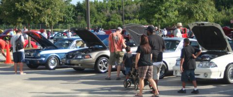 1980 Ford Mustang - A variety of Ford Mustangs are displayed at an outdoor car show, with owners and attendees gathered around.