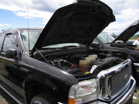 2001 Ford Crown Victoria - Two black Ford Excursions are parked side-by-side with their hoods open, revealing their engines.