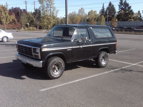 1985 Ford Bronco - This 1985 Ford Bronco is parked in a paved lot under a clear sky.