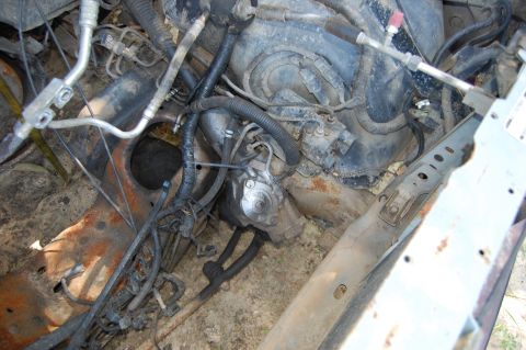 1994 Ford Bronco - Close-up view of engine bay components, showing hoses, wiring, and metal parts.