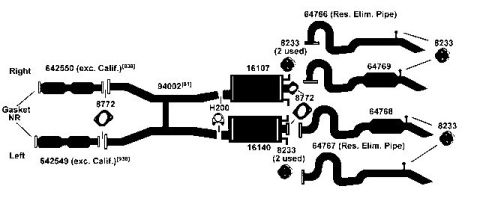 2000 Mercury Grand Marquis - Exhaust system diagram showing part numbers and assembly layout.