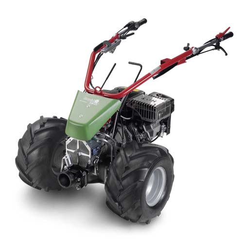 Two-wheel walk-behind tractor with green body, red handlebars, and large lugged tires on white background