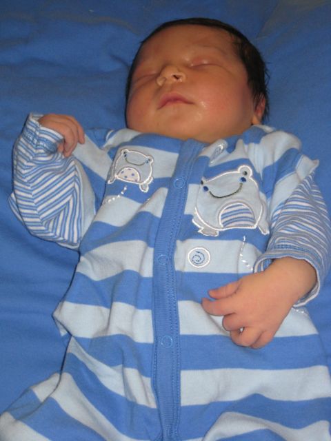 2008 Ford F-250 - A baby sleeps soundly on a blue blanket, dressed in striped pajamas cartoon hippos.