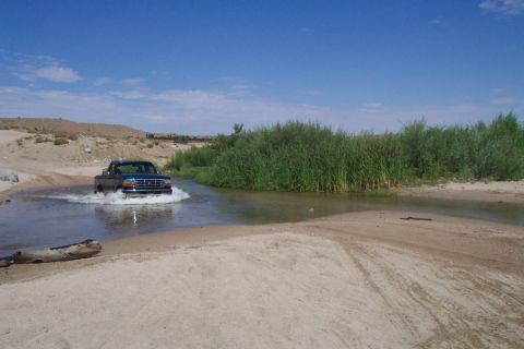 1995 Ford Bronco - A dark blue Ford F-Series truck navigates a shallow stream in a dry, sandy landscape.