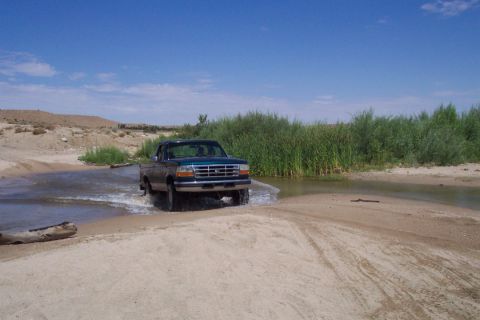 1995 Ford Bronco - A 1995 Ford F-150 navigates a sandy riverbed under a clear blue sky.