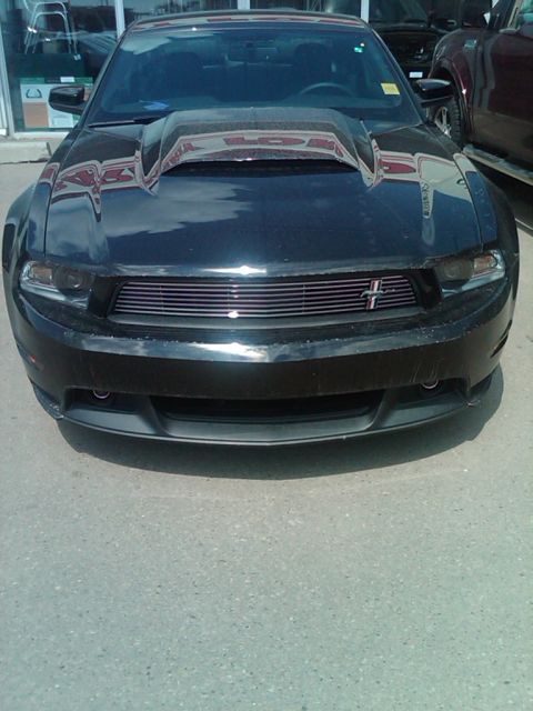 2008 Ford Mustang - This black Ford Mustang features a distinctive hood scoop and a horizontal grille, seen from a frontal perspective.