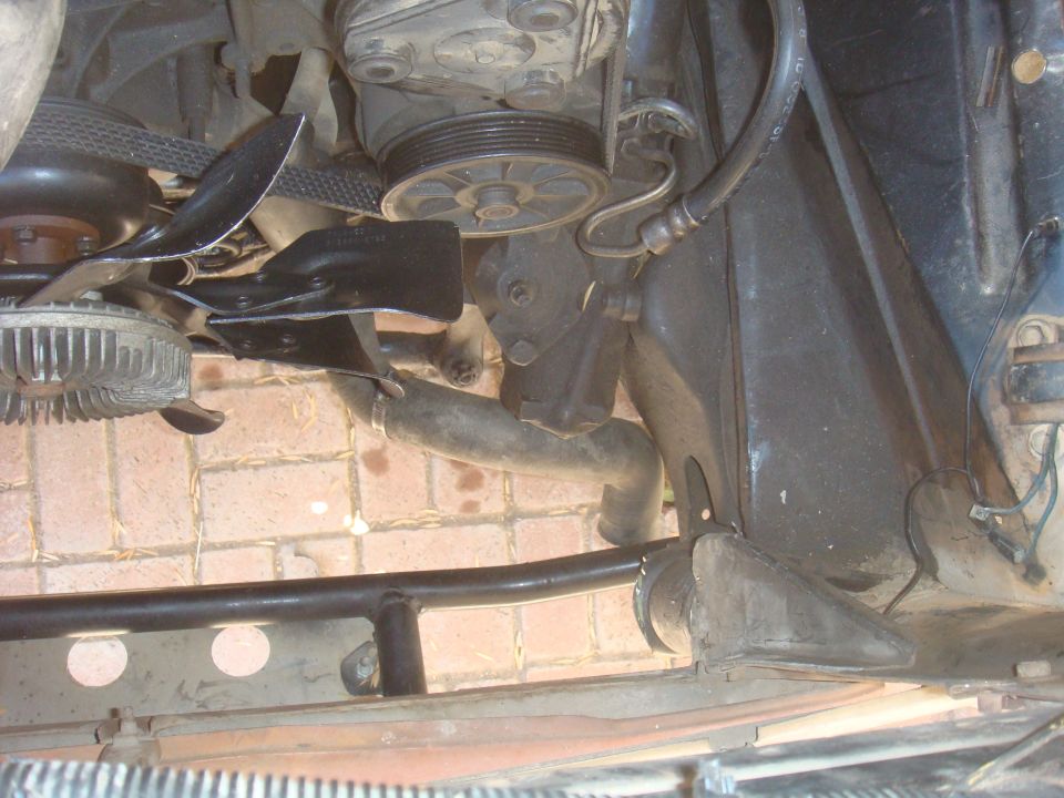 Engine bay showing fan, pulleys, hoses, and part of the radiator support