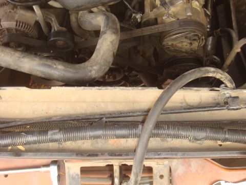 Engine bay hoses, belts, and pulleys visible