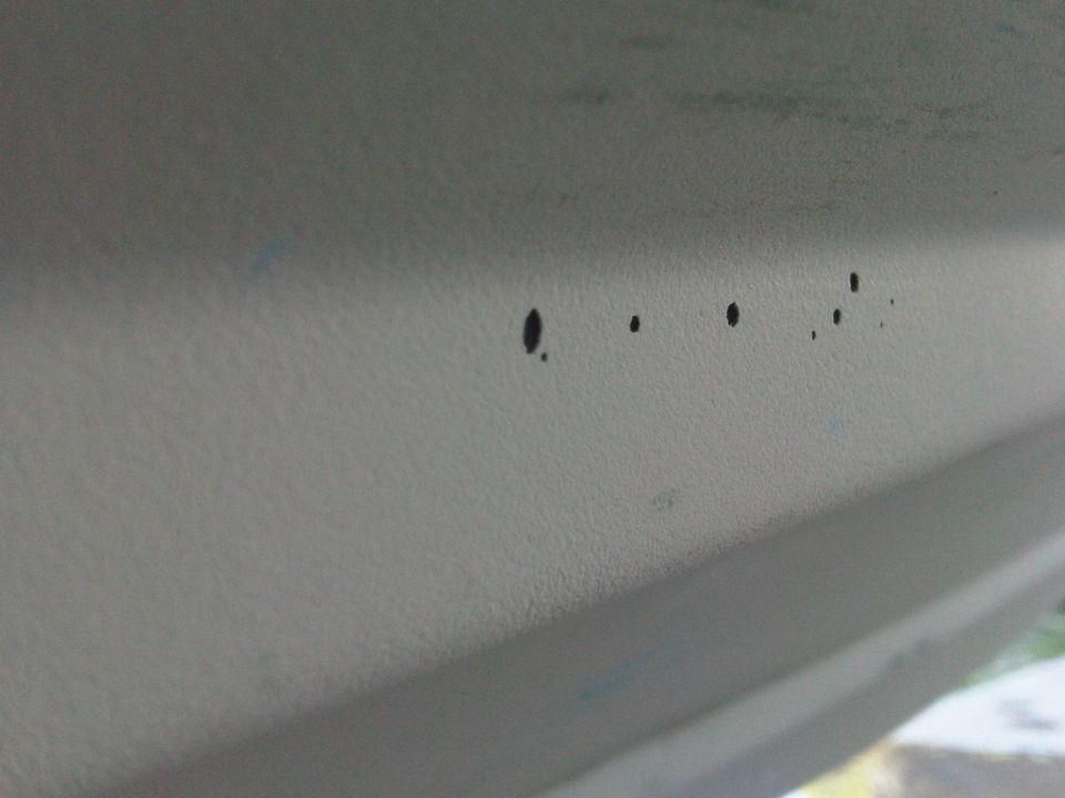 Close-up of small black paint chips on a light-colored boat hull