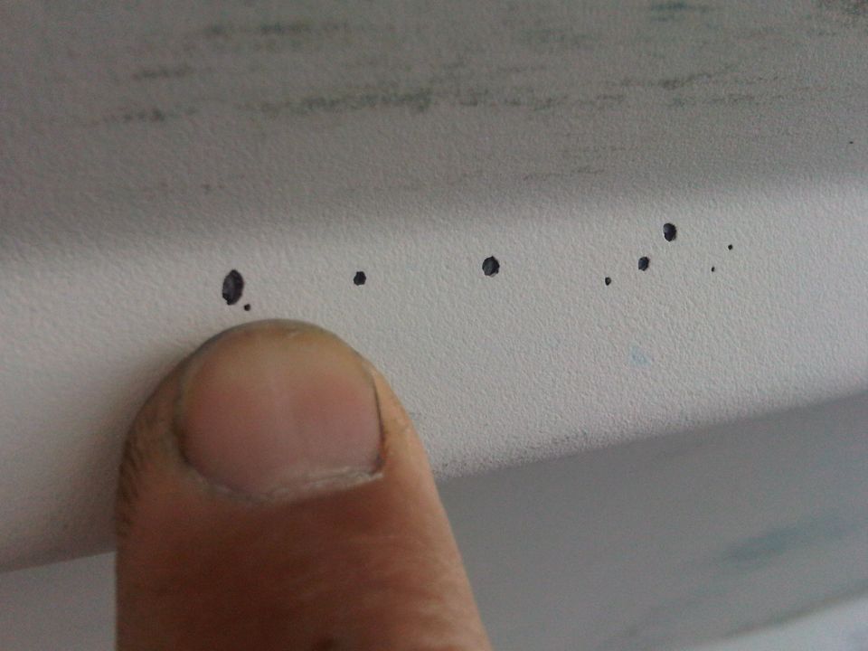 Thumb pointing at small dark spots on a white surface. Supermotors.net logo visible