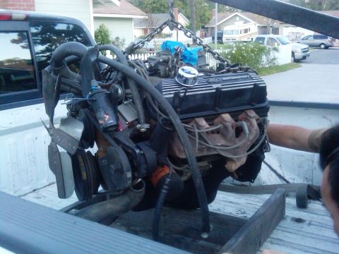 1986 Ford Bronco - Engine with Ford Motorsport valve covers is being removed from a truck bed.