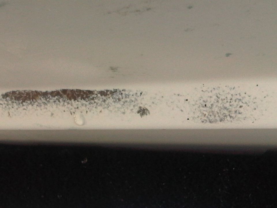 Close-up of white painted edge with rust spots and chipping