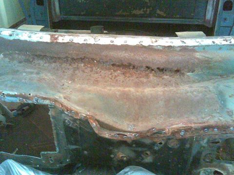 1972 Ford Ranchero - a lot of perforated rust along the whole bottom panel of the cowl, or what they called 'the Pillow' on the assy line because the top & bott…