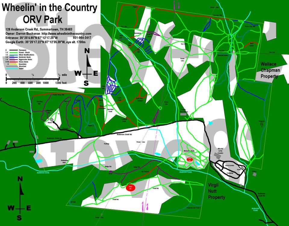 Map of Wheelin in the Country ORV Park in Summertown TN with trails