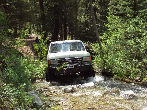 1989 Ford Bronco - A white 1989 Ford Bronco navigates a rocky stream bed surrounded by lush green trees.