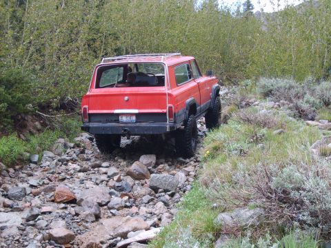 1989 Ford Bronco - This red SUV navigates a challenging rocky path, its license plate reading AL 8341.