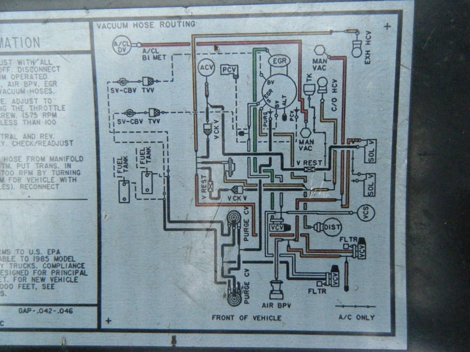 Underhood vacuum hose routing diagram emissions label with EGR, ACV and PCV