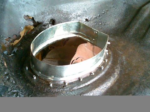 1972 Ford Ranchero - reconstructed intake stand-off. for some reason I decided to go with rivets rather than tack weld it in