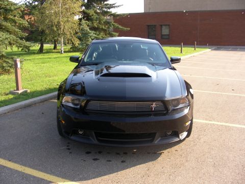 2008 Ford Mustang - This black Ford Mustang features a distinctive hood scoop and a chrome grille, indicating a model year around 2010.