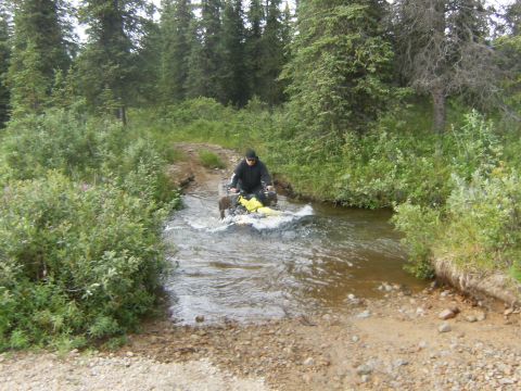 2000 Ford E350 - A person navigates an ATV through a water crossing surrounded by lush green foliage and tall trees.