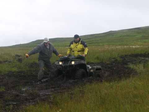 2000 Ford E350 - Two men struggle to free an ATV that is deeply stuck in a muddy field under an overcast sky.