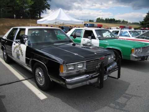 1991 Ford LTD Crown Victoria - black and white Ford highway patrol sedan with push bar parked next to a green and white cruiser at an outdoor car show.