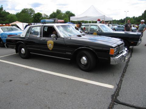 1991 Ford LTD Crown Victoria - black-and-white police sedan with a gold star door shield and roof light bar is parked near show tents and other vehicles.