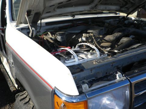 1991 Ford Bronco - The engine bay of a 1991 Ford Bronco is visible with the hood raised.