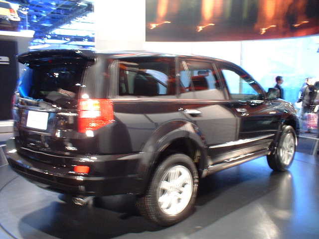 Dark SUV with a rear spoiler and chrome trim, viewed from the rear-right