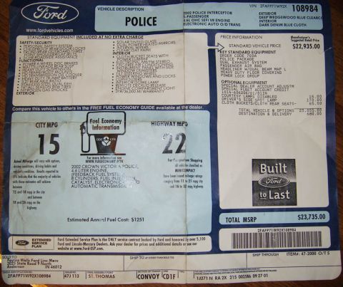 2002 Ford Crown Victoria - This 2002 Ford Crown Victoria window sticker details the vehicle's price, standard and optional equipment, and fuel economy information.