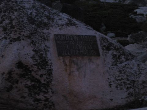 1989 Ford Bronco - A plaque on a rock indicates the Rubicon Trail was adopted in 1924 by the El Dorado Jeephers.