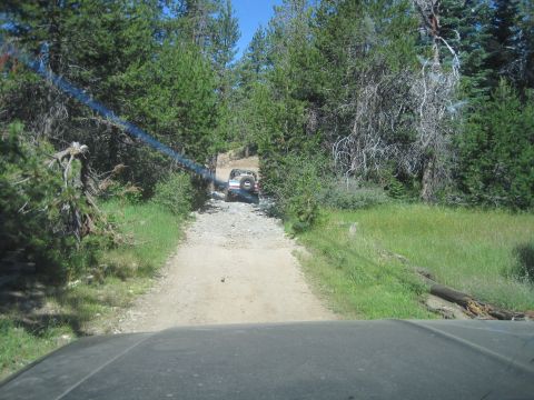 1989 Ford Bronco - A white SUV navigates a rocky forest road, with another vehicle visible ahead.