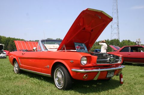 1968 Shelby GT500 - A red 1965 Ford Mustang convertible is displayed with its hood open at a car show.