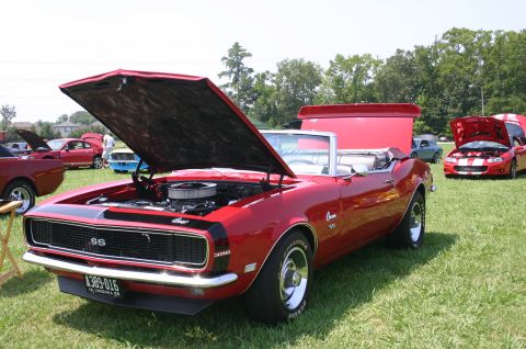 1968 Shelby GT500 - A red 1968 Chevrolet Camaro SS convertible is displayed with its hood open at an outdoor car show.