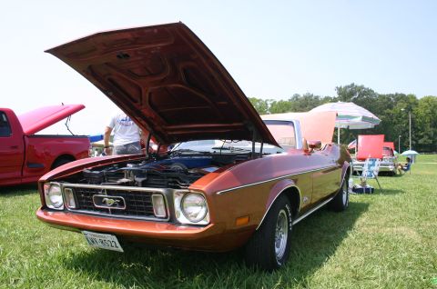1968 Shelby GT500 - A 1971 Ford Mustang convertible is displayed with its hood open at a car show, with other vehicles in the background.