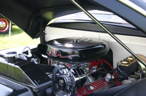 1968 Shelby GT500 - Customized engine bay a large black air cleaner with red pinstriping and chrome parts.