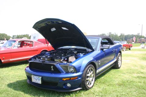 1968 Shelby GT500 - A blue convertible Mustang is displayed with its hood open at an outdoor car show.