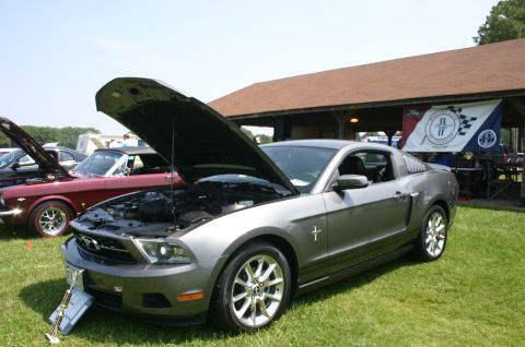 1968 Shelby GT500 - A modern Ford Mustang is displayed with its hood open at an outdoor car show.