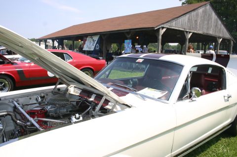 1968 Shelby GT500 - Two classic Ford Mustangs are parked on grass near a pavilion at an outdoor event.