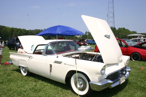 1968 Shelby GT500 - A white 1957 Ford Thunderbird is displayed with its hood open at an outdoor car show.