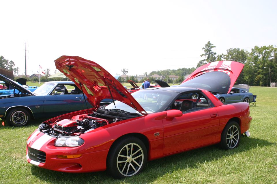 Red sports car with white stripes, hood open, parked on grass next to a blue car. Another car is visible in the background