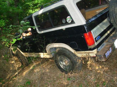 1983 Ford Bronco - A black and tan Ford Bronco is stuck in the woods, with its front right wheel deep in the dirt.