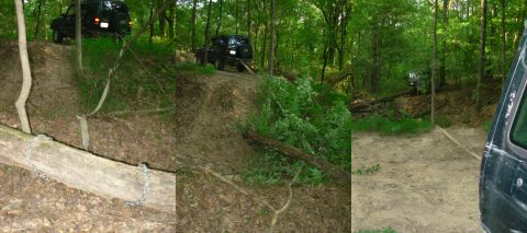 1983 Ford Bronco - Off-road vehicles navigate a challenging path through a dense forest.