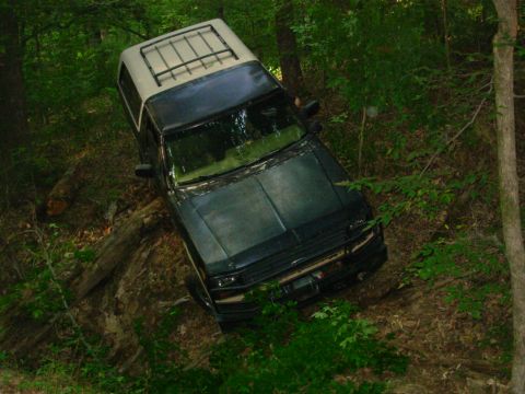 1983 Ford Bronco - A black Ford Bronco with a white camper shell is parked on a wooded incline, partially obscured by trees and foliage.