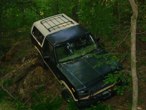 1983 Ford Bronco - This 1983 Ford Bronco is parked on a wooded incline, a two-tone paint scheme and a roof rack.