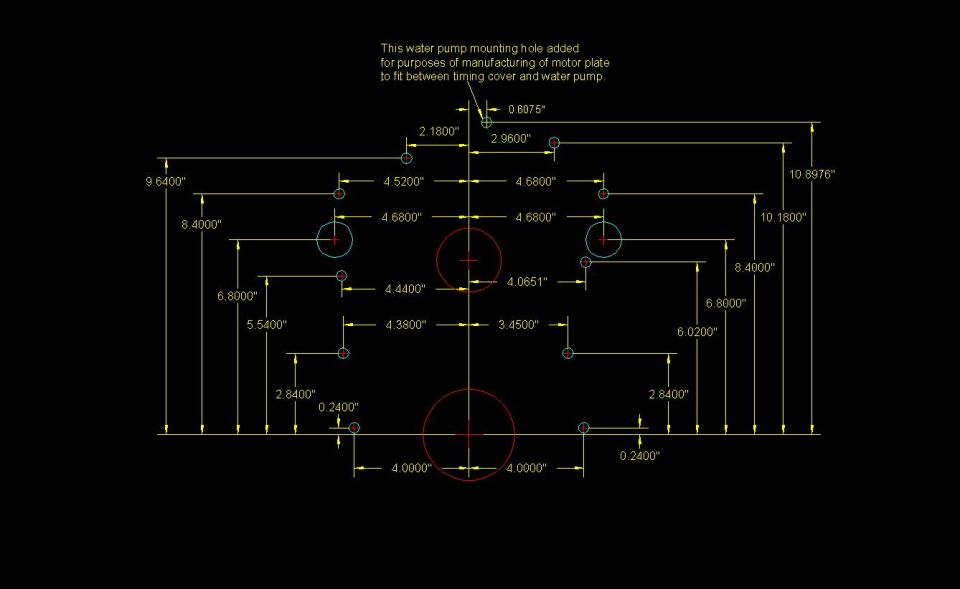 CAD dimensioned drawing of an engine motor plate with water pump and bolt-hole locations