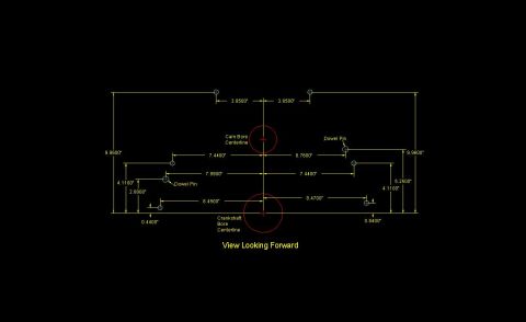 1990 Ford Mustang - Technical drawing with measurements for engine block components, including cam and crankshaft bore centerlines.