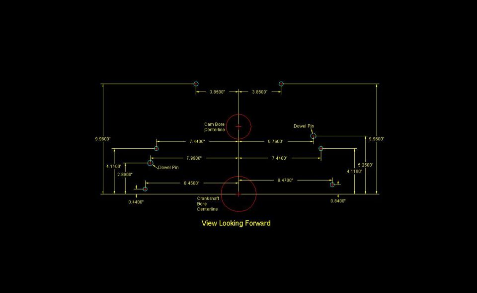 CAD dimensioned drawing of cam and crankshaft bore centerlines and dowel pins, view looking forward